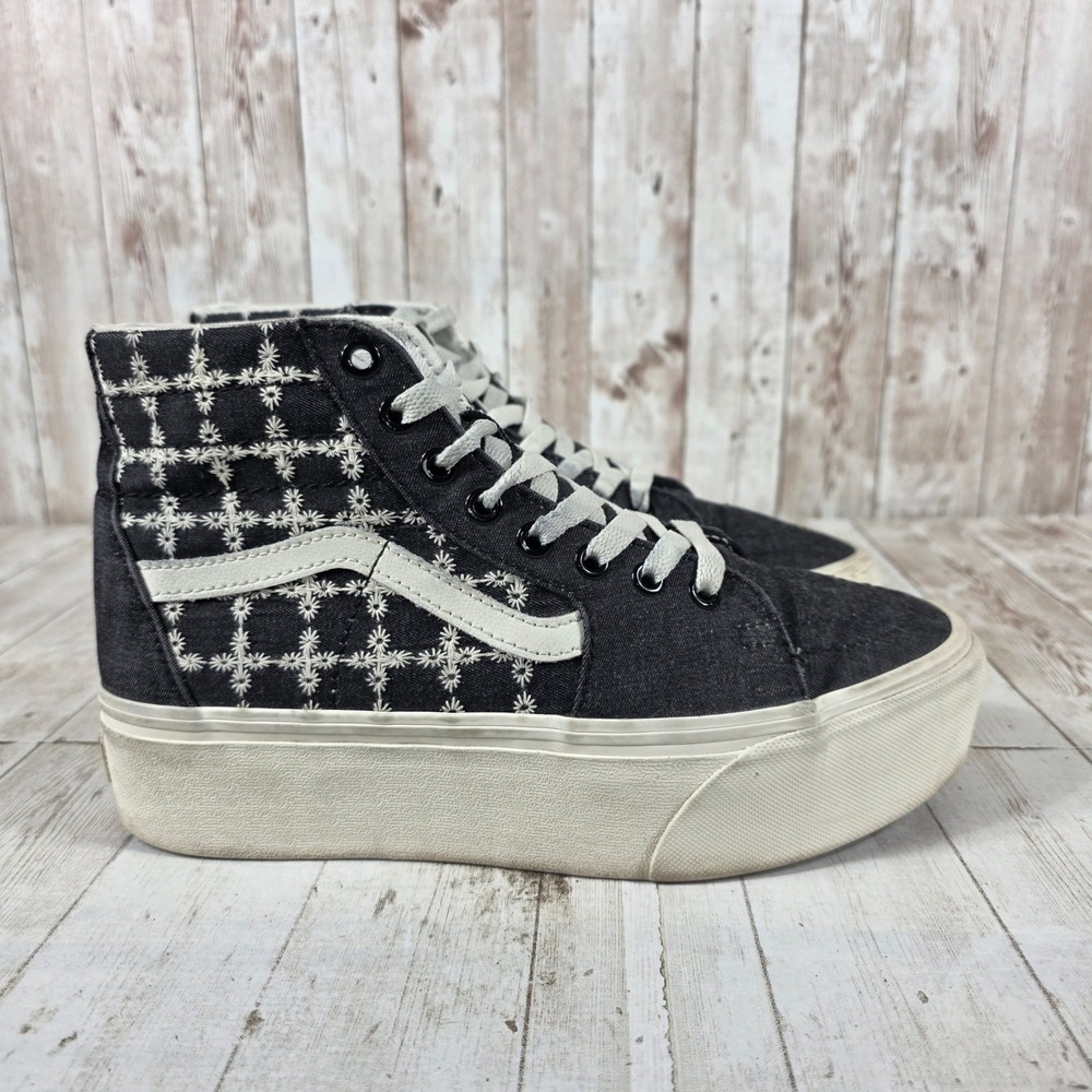 Vans Sk8-Hi Stacked Platform Black Denim Embroidered Star High Top Sneakers 8W